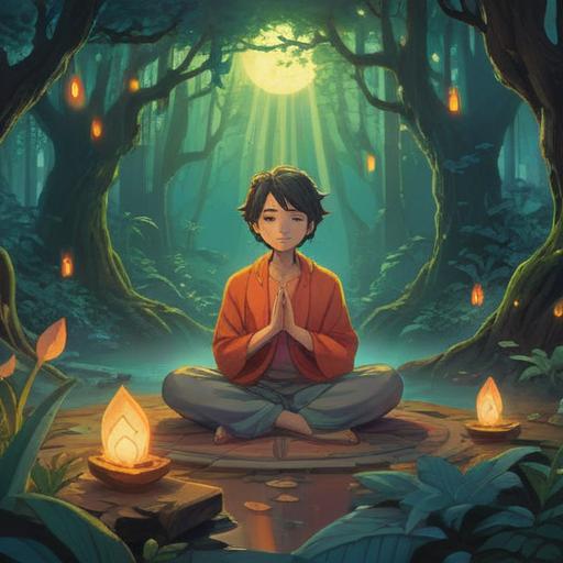 A serene illustration depicting a person meditating in a tranquil environment, vibrant light emanating from their mind, symbols of spiritual awakening surrounding them, soft aura and glowing energies, lush greenery and peaceful nature, harmonious balance, uplifting and positive feelings, 4k