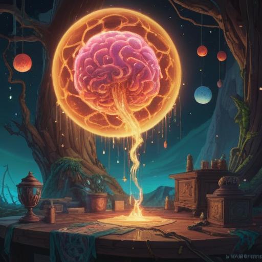 A mystical scene depicting spiritual items received after brain cleansing, glowing orbs of light, ethereal energy surrounding the items, vibrant colors, serene atmosphere, intricate patterns on the items, elements symbolizing enlightenment and transformation, dreamlike quality, 4k