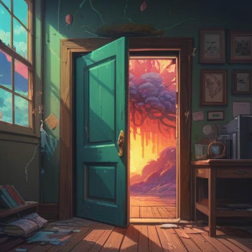 A symbolic illustration of brain cleansing effect, vibrant colors, an open door representing new perspectives, abstract imagery, human silhouette contemplating, rays of light entering through the door, thought bubbles filled with fresh ideas, transformative atmosphere, visually striking, 4k
