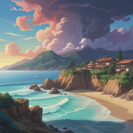 A serene coastal landscape of Noto Peninsula during an earthquake, swirling earth and waves, spiritual energy radiating through the scene, traditional Japanese architecture juxtaposed with nature's power, ethereal light illuminating the surroundings, harmonious blend of nature and spirituality, tranquil yet dynamic atmosphere, deep emotional resonance, thought-provoking imagery