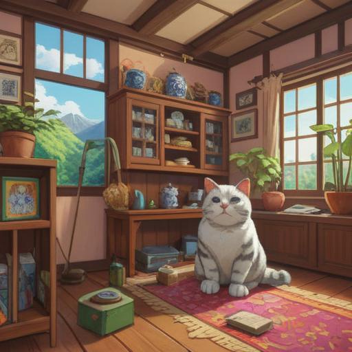 A serene illustration of a Japanese home after an earthquake, featuring a lucky cat statue sitting prominently in the foreground, surrounded by vibrant plants and flowers, warm sunlight filtering through, a sense of hope and renewal in the air, detailed textures on the wooden house, calming atmosphere, 4k