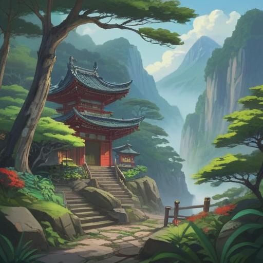 A serene landscape of Myoken Mountain in Nose, Japan, representing spiritual significance, lush greenery, misty atmosphere, traditional shrines nestled among the trees, peaceful pathways inviting contemplation, sunrise casting a golden glow, harmonious connection with nature, 4k