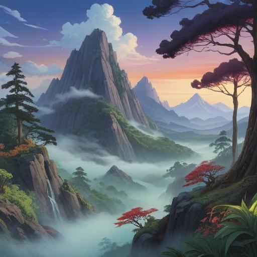 A serene landscape of Myoken Mountain, surrounded by lush greenery, mystical fog enveloping the peaks, tranquil atmosphere, subtle spiritual symbols in the surroundings, a winding path leading to a shrine, soft light filtering through the trees, inviting and sacred ambiance, 4k