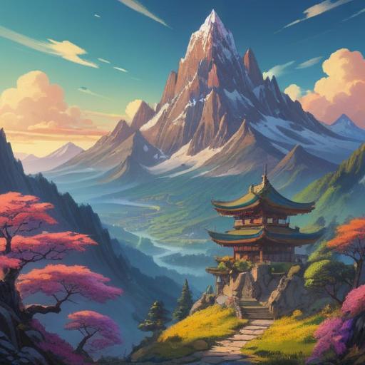 A serene landscape featuring Myoken Mountain, showcasing a beautiful view from the summit, a subtle glimpse of lucky items scattered in the foreground, vibrant foliage, golden sunlight filtering through the trees, peaceful atmosphere, hints of local culture intertwined with nature, 4k