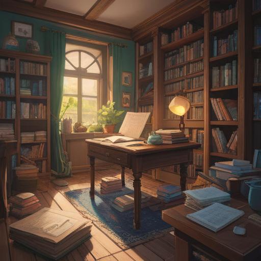 A cozy study room filled with books and papers, a large wooden desk with an open notebook and a steaming cup of coffee, sunlight streaming through a window, beautifully arranged notes and highlighted texts, an inviting atmosphere that encourages productivity and reflection, warm tones, peaceful ambiance, 4k