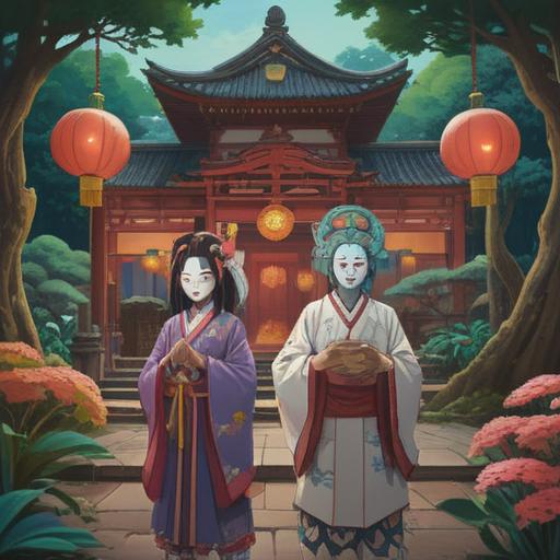 A serene and mystical scene depicting Noh theater, traditional masks symbolizing spirituality, a tranquil Japanese garden in the background, performers dressed in ornate costumes, ethereal light illuminating the stage, deep cultural significance and harmony, an aura of ancient wisdom, intricate details in the costumes and nature, 4k