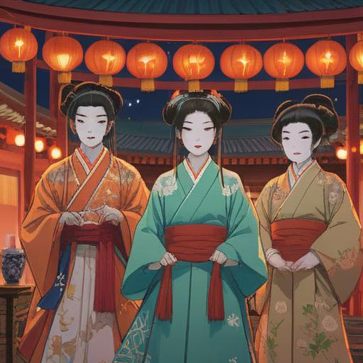 A serene scene depicting a traditional Noh theater performance, ethereal spirit figures in the background symbolizing spiritual signs, tranquil atmosphere, actors wearing elaborate Noh masks and costumes, a reflective pond mirroring the performance, ancient trees surrounding the stage, soft moonlight illuminating the scene, deep connection to Japanese culture and spirituality, 4k