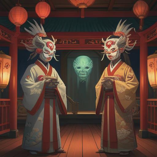 A serene scene depicting a traditional Noh theatre performance, elegant masked performers, ethereal stage lighting, spiritual symbols subtly integrated into the scenery, an audience captivated by the performance, a harmonious atmosphere blending art and spirituality, intricate costumes, deep cultural significance, 4k