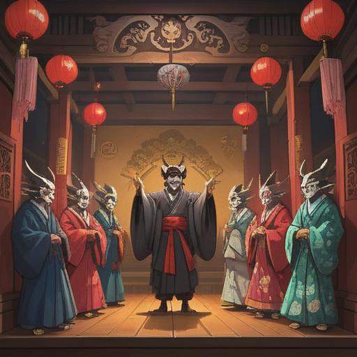 A serene and vibrant scene depicting traditional Noh theater elements, a group of people enjoying a festive atmosphere after the performance, colorful masks representing luck, beautiful hand-painted fans as symbols of fortune, lush garden setting with lanterns and cherry blossoms, joyful expressions, 4k