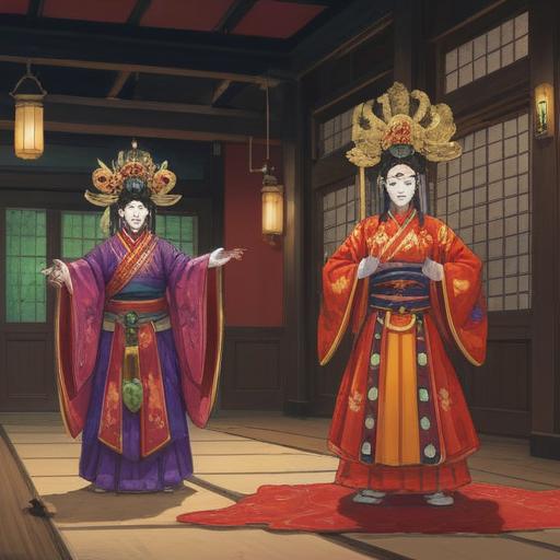 A serene scene depicting traditional Noh theater, vibrant and intricate Noh costumes, actors performing with grace, rich cultural atmosphere, an array of enriching items symbolizing mindfulness and inspiration, tranquil setting with natural elements, deep sense of connection and reflection, 4k