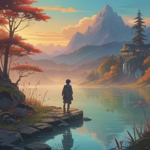 A serene and mystical scene, a person standing at the edge of a calming lake, surrounded by ethereal fog, soft light breaking through the trees, symbolic elements representing inner conflict and spiritual awakening, an aura of introspection and contemplation, vibrant colors reflecting the complexity of emotions, a peaceful yet thought-provoking atmosphere, 4k