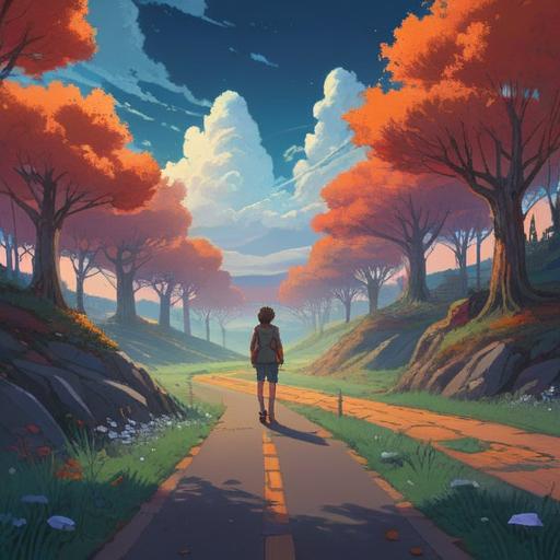 A serene and mystical landscape, ethereal light illuminating a winding road, a person standing at a crossroads, contemplating choices, surrounding nature symbolizing growth and transformation, subtle hints of spiritual symbols in the scenery, calming colors, an atmosphere of introspection, 4k