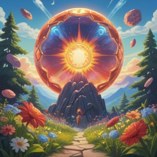 A serene illustration of a lucky stone radiating positive energy, surrounded by vibrant flowers and a clear blue sky, sunlight filtering through the leaves, symbols of happiness and good fortune, soft glowing aura, peaceful atmosphere, 4k