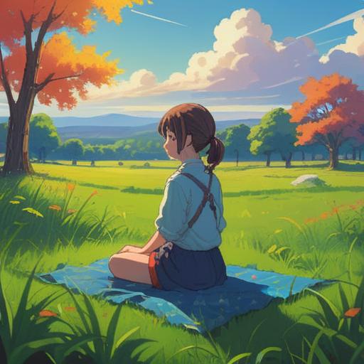 A serene and contemplative scene, a peaceful meadow under a clear blue sky, a person sitting cross-legged on the grass, surrounded by glowing orbs of light representing spiritual energy, gentle wind blowing through the trees, symbols of renewal and freedom in the background, soft color palette, tranquil atmosphere, 4k