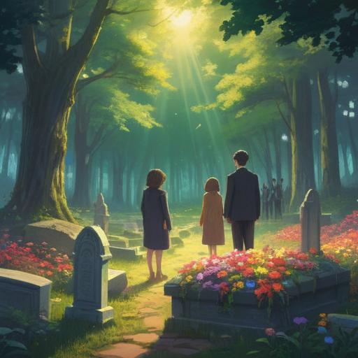 A serene scene depicting a funeral with family members gathered around a gravesite, soft rays of sunlight filtering through the trees, ethereal presence represented by gentle orbs of light, a peaceful atmosphere reflecting the somber yet spiritual moment, symbols of hope and remembrance in the background, detailed floral arrangements, connection to the spirit world represented by subtle signs, 4k