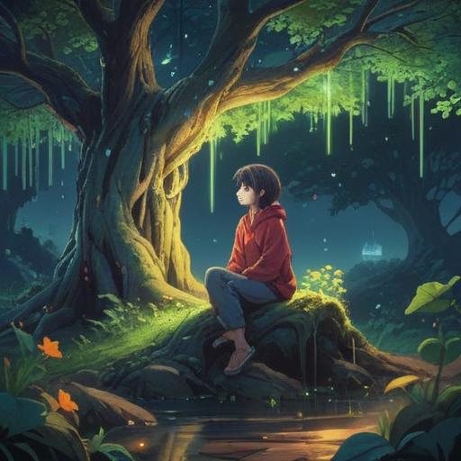 A serene scene depicting a person sitting under a tree, deep in thought, surrounded by swirling ethereal lights, symbolic representations of different emotions floating around, hints of nature's beauty reflecting spiritual awakening, a gentle breeze rustling the leaves, warm sunlight filtering through the branches, a sense of peace and introspection, 4k