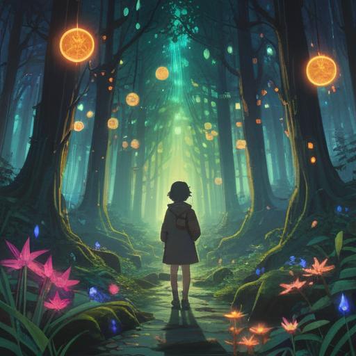 A mystical scene depicting a person surrounded by glowing symbols and ethereal lights, ethereal forest backdrop, a sense of unease, vibrant colors contrasting with dark shadows, spiritual energy radiating, subtle hints of guidance in the air, introspective expression, high detail