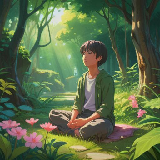 A serene scene depicting a person meditating in a lush green park, sunlight filtering through the leaves, colorful flowers blooming around, a gentle breeze creating a sense of calm, ethereal glow surrounding the figure, symbolic elements like butterflies and sparkles representing positive energy, harmonious atmosphere, peaceful and uplifting vibe, 4k