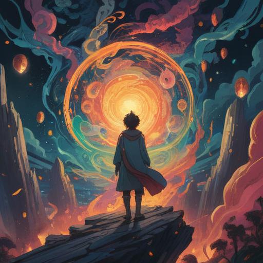 A spiritual illustration depicting a person surrounded by swirling thoughts and worries, ethereal light illuminating their figure, divine symbols floating around, a serene yet troubled expression, a background of swirling galaxies, calming yet intense color palette, 4k