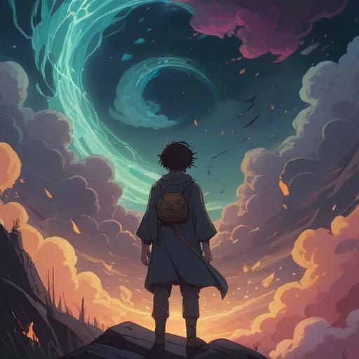 A spiritual illustration depicting a person surrounded by swirling thoughts and difficulties, light breaking through a dark cloud overhead, ethereal symbols representing guidance and insight, serene expression on the face, vibrant colors contrasting with muted tones, artistic representation of inner turmoil transforming into clarity, 4k