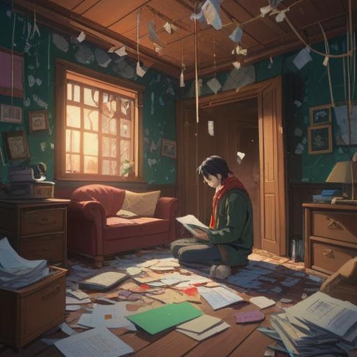 A thoughtful illustration depicting a person sitting alone in a dimly lit room, surrounded by scattered papers representing worries and burdens, reflective expression on their face, subtle visual cues indicating signs of stress and anxiety, muted color palette to evoke a somber mood, gentle lighting to highlight the emotional struggle, 4k