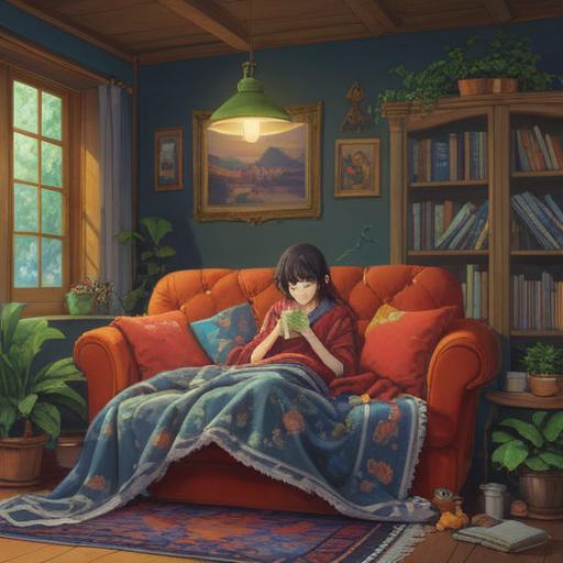 A serene illustration of comforting items that bring peace of mind, a cozy blanket draped over a soft couch, a steaming cup of herbal tea on a wooden table, gentle sunlight streaming through a window, potted plants adding freshness, calming colors, homely atmosphere, inviting texture, peaceful setting, 4k