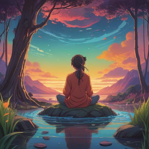 A serene illustration depicting the spiritual meaning of burnout syndrome, a figure meditating in a tranquil landscape, surrounded by ethereal light, representing inner peace and renewal, flowing energy, vibrant colors symbolizing transformation, depth of emotion, harmony with nature, 4k