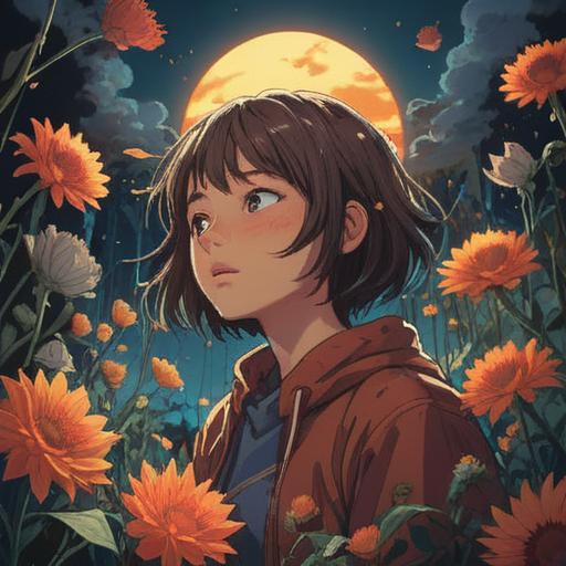 A surreal illustration depicting a person surrounded by fading light, symbolic representations of exhaustion like a dimmed sun and wilting flowers, ethereal figures representing spiritual signs guiding them, a shadowy forest background indicating isolation, contrasting colors to highlight the emotional struggle, 4k