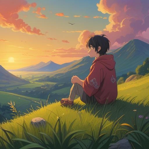 A serene and comforting illustration, depicting a person sitting on a grassy hill at sunset, surrounded by soft light, symbolizing hope and renewal, a supportive hand reaching out, gentle expressions of empathy and understanding, calming environment with nature elements, vibrant colors blending in the sky, inspiration and resilience, 4k