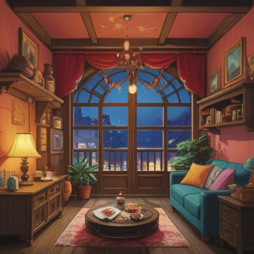 A cozy New Year's scene, vibrant lucky items displayed, warm lighting, soothing herbal teas, comforting traditional foods, a peaceful home setting, cheerful decorations, a sense of wellness and tranquility, 4k