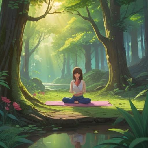 A serene scene depicting a peaceful morning ritual, individuals practicing meditation and yoga, surrounded by nature, soft sunlight filtering through trees, calming environment, tea ceremony setup, traditional Japanese elements, vibrant nature, refreshing atmosphere, focused expressions, 4k