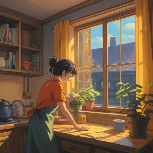 A serene and tranquil scene depicting a person engaged in year-end cleaning, soft golden light filtering through the window, symbolic representation of renewal and transformation, clutter being cleared to create space for new beginnings, a sense of peace and mindfulness, surrounded by nature, symbolic elements like leaves and candles, 4k