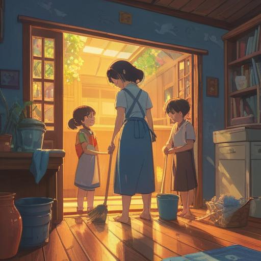 A serene and uplifting illustration depicting a family engaged in year-end cleaning, symbolic of spiritual renewal and positive transformations, bright sunlight filtering through windows, harmonious atmosphere filled with the essence of fresh beginnings, cozy home environment, clutter being cleared away, joyful expressions on faces, 4k