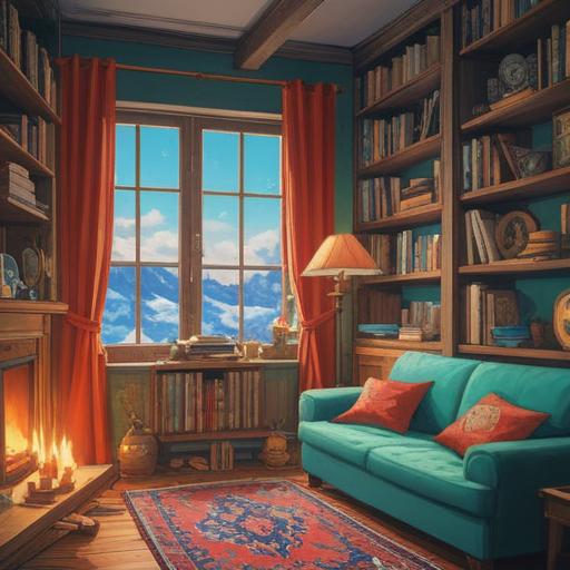 A cozy living room during year-end cleaning, a person dusting off shelves, a window showing winter scenery, spiritual symbols subtly integrated, aura of positivity and clarity, reminders of mindfulness and reflection, warm light illuminating the space, inviting and serene atmosphere, 4k