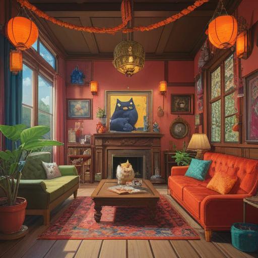 A bright and cheerful living room after a thorough cleaning, featuring various lucky items displayed, such as a lucky cat, a four-leaf clover, and crystals, sunlight streaming through the window, vibrant colors, a sense of freshness and positivity, inviting atmosphere, detailed textures, 4k