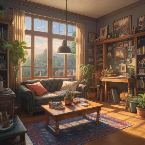 A serene and organized living room after a big clean-up, bright sunlight streaming through the windows, fresh flowers on a table, a person meditating with a peaceful expression, a vision board on the wall, symbolizing positive energy and new beginnings, comfortable ambiance, uplifting mood, 4k