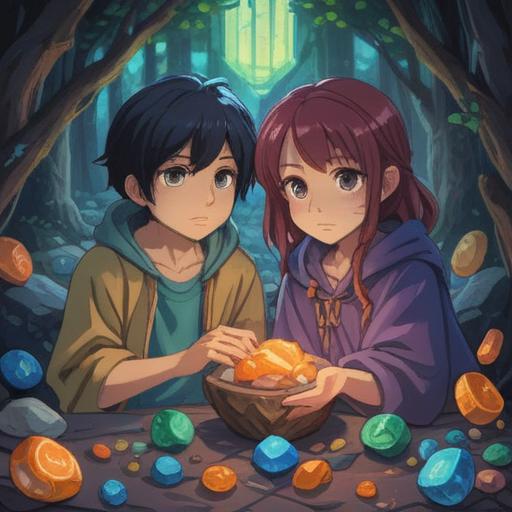 A beautiful illustration depicting lucky stones associated with siblings born in consecutive years, vibrant colors, intricate details of the stones, symbolic representations of luck and unity, serene landscape background with soft lighting, emotional connection between siblings, cultural significance of lucky stones, 4k