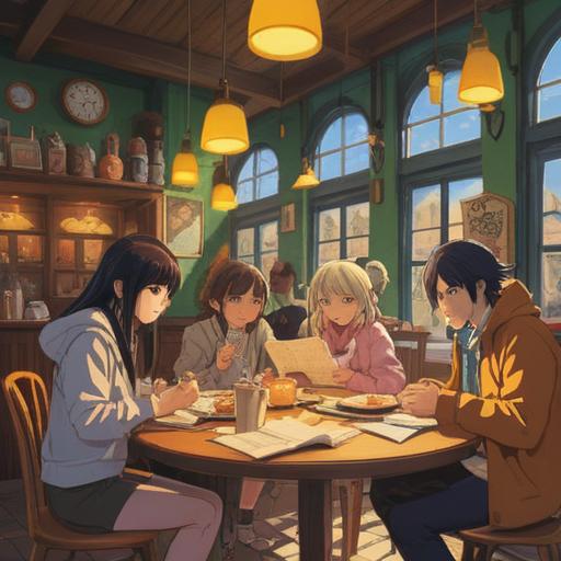 A visually engaging scene depicting a diverse group of people sharing ideas in a cozy café, various papers and laptops scattered around, warm sunlight streaming through the windows, lively discussions, collaborative atmosphere, inclusive environment, vibrant colors, 4k