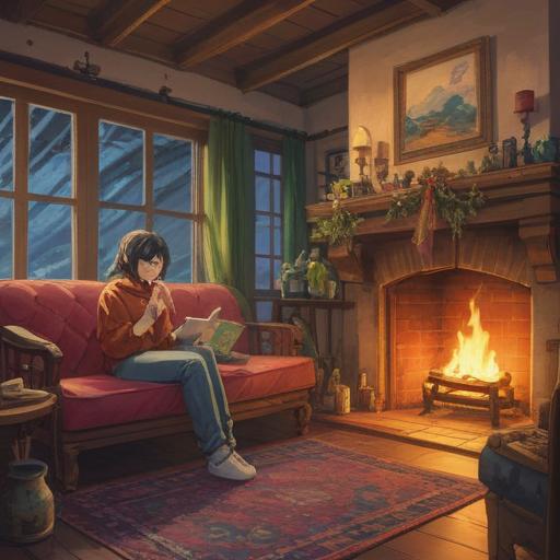 A serene illustration depicting a person reflecting on their health during the New Year, cozy indoor setting, warm light from a fireplace, traditional New Year decorations, gentle snowfall outside, symbolism of renewal and reflection, soft focus on the individual in contemplation, harmonious atmosphere, 4k