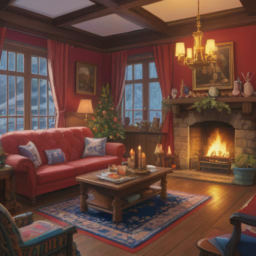 A cozy winter scene depicting a warm and inviting living room, filled with traditional New Year's decorations, a steaming cup of herbal tea on a wooden table, a soft blanket draped over an armchair, lucky charms and talismans arranged neatly, a glowing fireplace adding warmth, surrounded by hints of winter outside the window, 4k