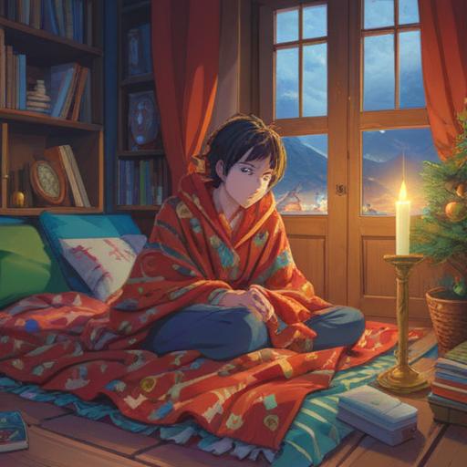 A serene and introspective scene depicting a person wrapped in a cozy blanket, reflecting on their life changes during the New Year, soft ambient light, symbolic elements like a clock symbolizing time and renewal, gentle colors representing healing, a subtle aura of energy around the person, peaceful atmosphere, deep connection to nature, reflective facial expression, 4k