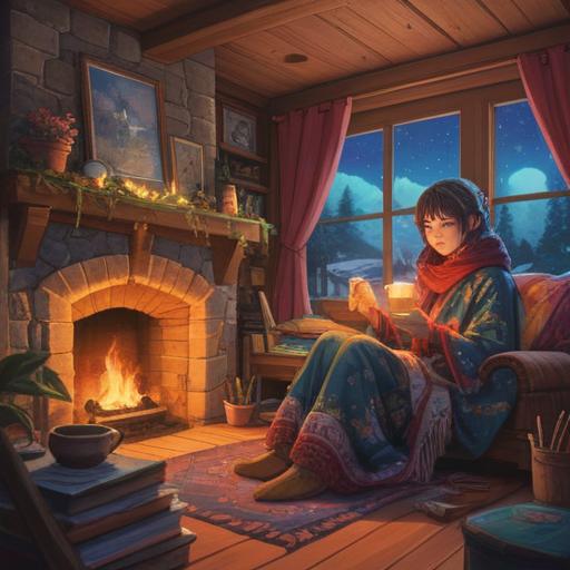 A serene winter scene, a person wrapped in a cozy blanket, sipping herbal tea by a fireplace, soft glowing lights, symbolic representations of renewal and healing, gentle snowfall outside, warm and inviting atmosphere, spiritual symbols subtly integrated, signs of positive transformation, nature's gentle embrace, 4k