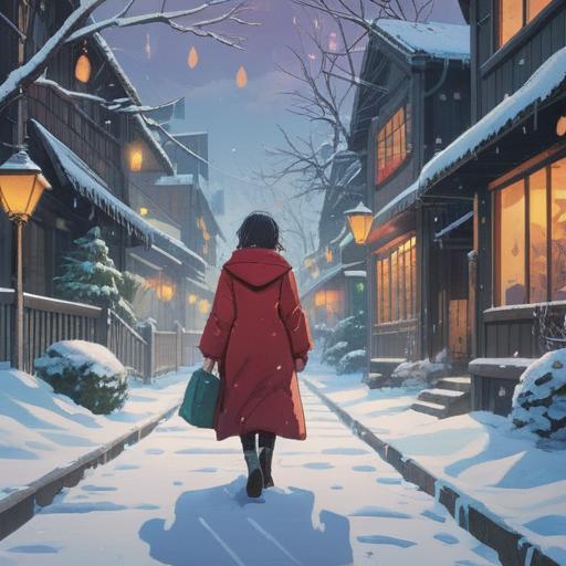 A serene winter landscape, a person bundled up in warm clothing, surrounded by gentle snowfall, subtle hints of spiritual symbols in the air, warm glow emanating from a nearby cozy cabin, reflective mood, emphasis on health and awareness, soft lighting, calming atmosphere, nature's tranquility, 4k