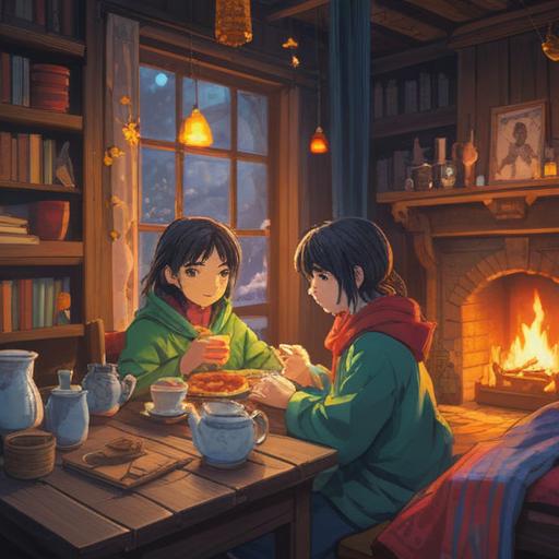 A cozy scene depicting a lucky charm for the New Year during a cold, warm tea on a wooden table, a soft blanket draped over a chair, cold weather outside the window, a subtle glow of a candle, traditional Japanese elements like a Daruma doll, a calendar showing January, soothing ambiance, inviting and comforting atmosphere