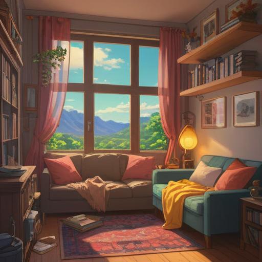 A serene illustration of a cozy room, warm sunlight filtering through the window, a person wrapped in a soft blanket on a comfortable couch, steam rising from a mug of herbal tea, medicinal plants in the background, a journal and pen nearby, gentle expressions of relaxation and self-care, peaceful atmosphere, 4k