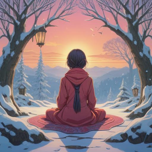 A mystical winter landscape, soft morning light, a serene figure meditating, surrounded by shimmering energy, intricate symbols of spiritual awakening, gentle snowflakes falling, warm golden aura, peaceful atmosphere, 4k