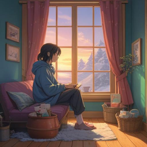 A serene winter morning scene, a person sitting in a cozy room with a warm cup of tea, soft sunlight streaming through the window, symbolic elements like crystals and plants around, reflecting a sense of healing and renewal, peaceful expressions, encouraging atmosphere, hints of spirituality, 4k