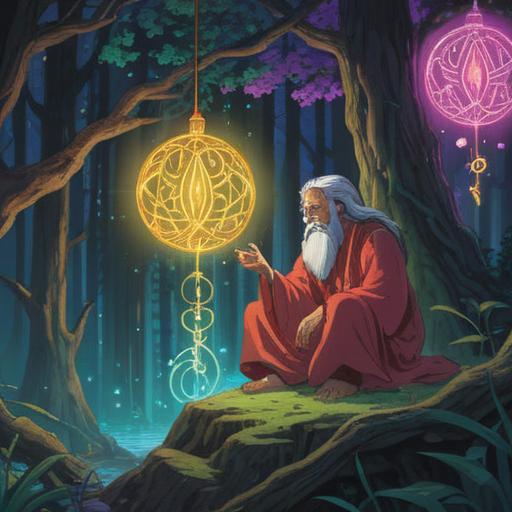 A whimsical illustration of a spiritual moment, a wise elder observing a younger person with admiration, glowing symbols surrounding them, vibrant energy flows, nature in the background, soft ethereal light, emotions of connection and guidance, 4k