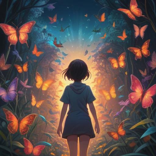 A serene and inspiring scene, a person standing with outstretched arms, surrounded by an ethereal glow, colorful butterflies symbolizing gratitude and attraction, harmonious nature with blooming flowers, rays of sunlight breaking through trees, an aura of positivity and warmth, vivid colors, peaceful atmosphere, 4k