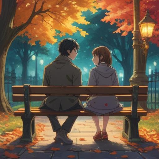 A serene and thought-provoking scene depicting an age-gap romance, two characters sitting on a park bench, gazing into each other's eyes, surrounded by soft cherry blossoms, symbolizing growth and connection, ethereal light illuminating their faces, a sense of spirituality and deep emotional bond, contrasting ages highlighted, peaceful atmosphere, intricate details in their expressions, harmonious color palette, 4k